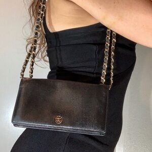 Authentic Chanel CC Coco Leather Bifold Wallet With Chain WOC